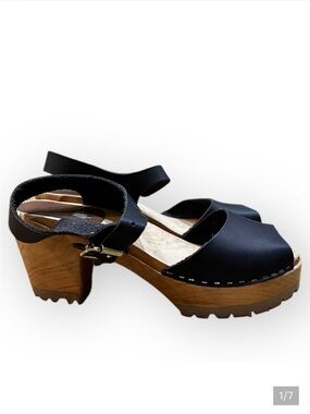 MIA Abba Blue Leather Wood Clog Heel Sandals Swedish